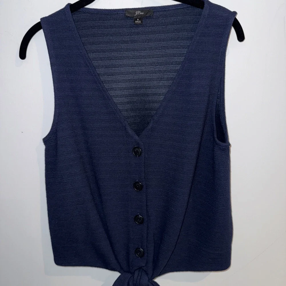 J crew  Sz Small Button-Front knit tank Tying Sleeveless  Navy Blue shirt office